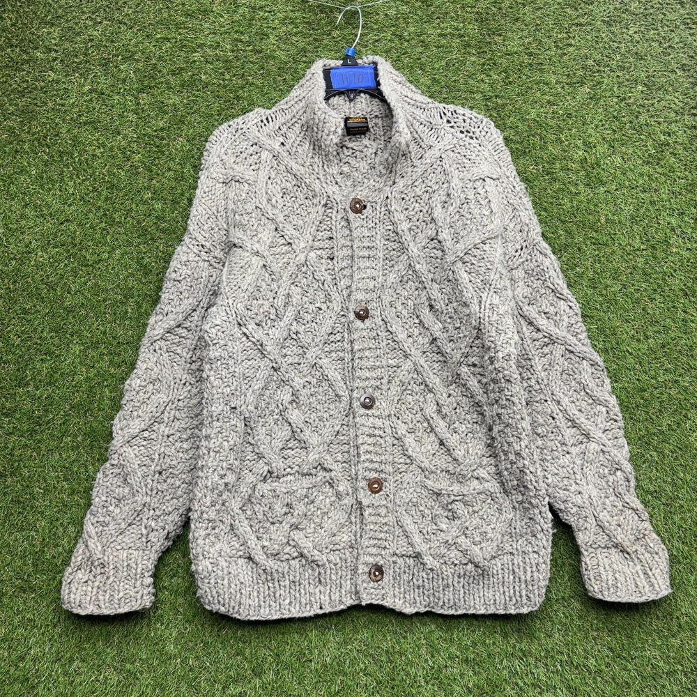 Tejidos Ecuador Wool Sweater Mens Large Gray Chunky Cable Knit Cardigan 90s
